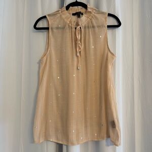 Sheer Peach Metallic Dot Blouse Sleeveless Ruffle Neck Tie Front Medium